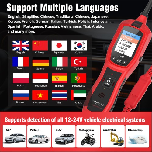 TopDiag P180 for 9-30 Volts Vehicle Electrical System Daignostics Injectors Test Support Cars, Pickups, SUVs, Motorcycles, Excavators, Steamships,