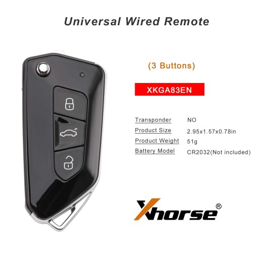 XHORSE	XKGA83EN All Black 3 Buttons Second Generation Universal Wired Remote 5pcs/lot