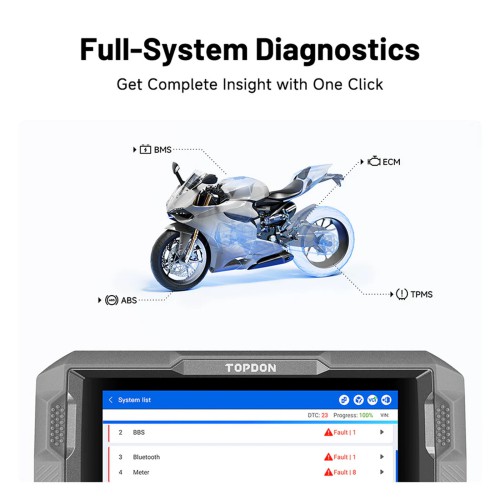 TOPDON UltraDiag Moto 8-inch Wireless Motorcycle Diagnostic Tool Support Bi-directional Control, Maintenance Resets, Wireless Connectivity