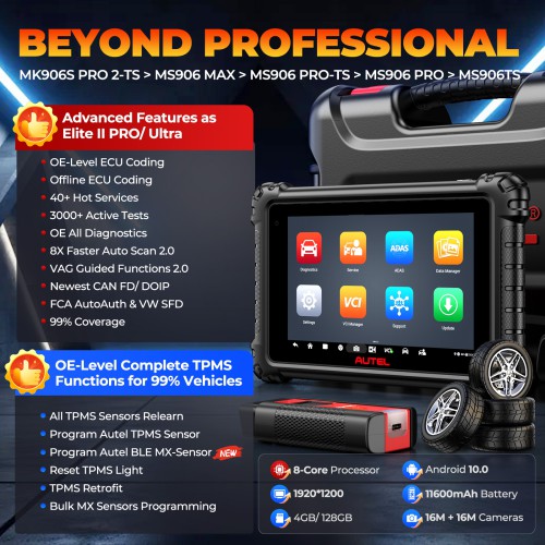 AUTEL MaxiCOM MK906S PRO II -TS Support Bluetooth, TPMS, AutoVIN, OE-level Diagnostics, Read/Erase Codes, View Freeze Frame Live Data