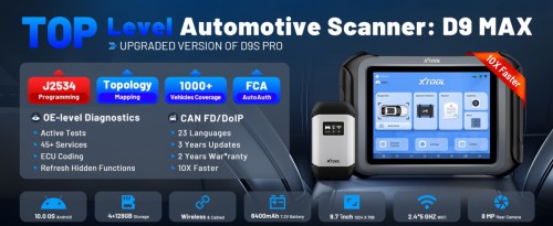 XTOOL D9 MAX Scanner J2534 Reprogramming, Bidirectional, Key IMMO, Topology Mapping, 45+ Resets, ECU Coding, Online Program, FCA/DoIP/CAN FD