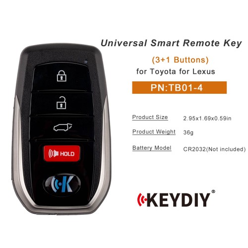 5pcs/lot KEYDIY KD TB01-4  for Toyota for Lexus Universal Smart Remote Key 3+1 Buttons With 8A Transponder