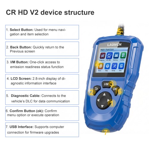 LAUNCH CR HD V2 Commercial Vehicle Standard Configuration Supports HD OBD & EOBD Fast Fault Code Reading/Clearing, Battery Check