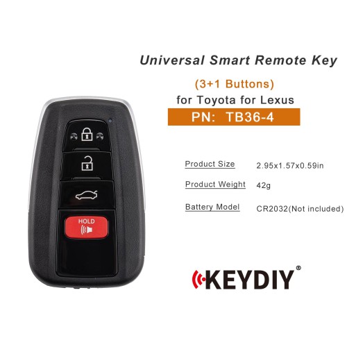 KEYDIY KD TB36-4 for Toyota for Lexus Universal Smart Remote Key 3+1 Buttons With 8A Transponder 5pcs/lot
