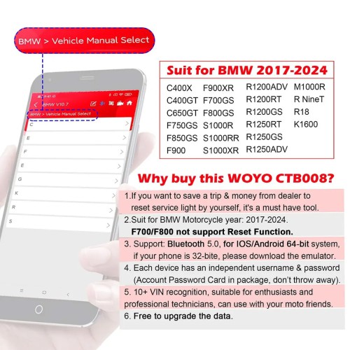 WOYO CTB008PRO For BMW R1200 R1250 S100 R nine T All Motorcycle Diagnostic Scanner, For Bluetooth 5.0 IOS/Android 64-bit Cellphone Tester for BMW Bike