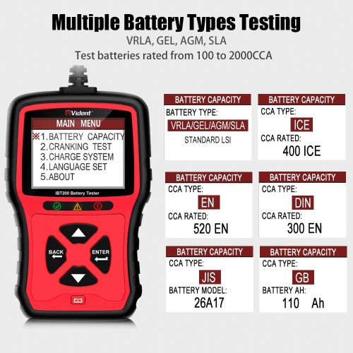 VIDENT iBT200 9V-36V Battery Tester for 12V Passenger Vehicles and 24V Heavy Duty trucks 100 to 2000CCA Car Battery Analyzer