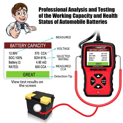 VIDENT iBT200 9V-36V Battery Tester for 12V Passenger Vehicles and 24V Heavy Duty trucks 100 to 2000CCA Car Battery Analyzer