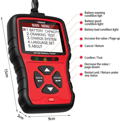 VIDENT iBT200 9V-36V Battery Tester for 12V Passenger Vehicles and 24V Heavy Duty trucks 100 to 2000CCA Car Battery Analyzer