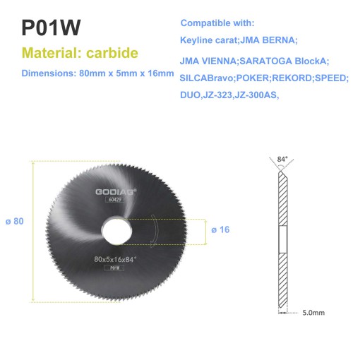 GODIAG P01W Angle Milling Cutter φ80x5xφ16x84° For Keyline Carat; JMA BERNA; VIENNA; SARATOGA Block A; Bravo; POKER; REKORD; SPEED; DUO, JZ-323