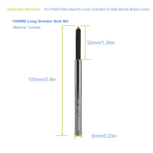 GODIAG 100MM Long Grinder Drill Bit D6x33x100 For Pistol Dills Used for Lock Cylinders & Safe Boxes Brass Locks