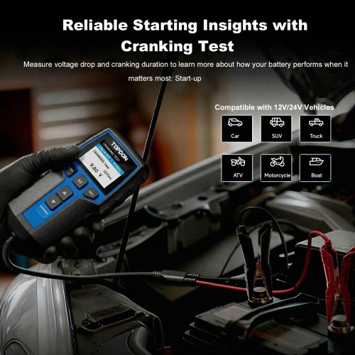 TOPDON BT200 Battery Cranking And Charging System 12V & 24V 100-2000 CCA Testing Capacity
