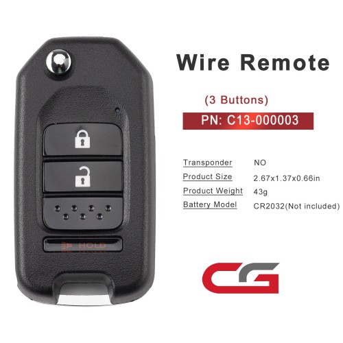 CGDI C13-000003 HON.D Style(Flip-2+1BTN) 3 Buttons Wire Remote Used with CGDI K2 Remote Key Programmer 5pcs/lot