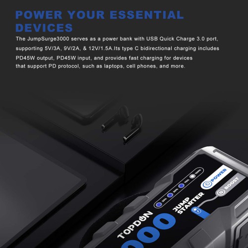 TOPDON V3000 3000A 12V Car and Truck Lithium Ion Battery Jump Starter