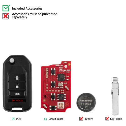 Xhorse XKHO01EN 2nd Generation Wire Remote Key Fob 2+1 Button for Honda Type 5pcs/lot