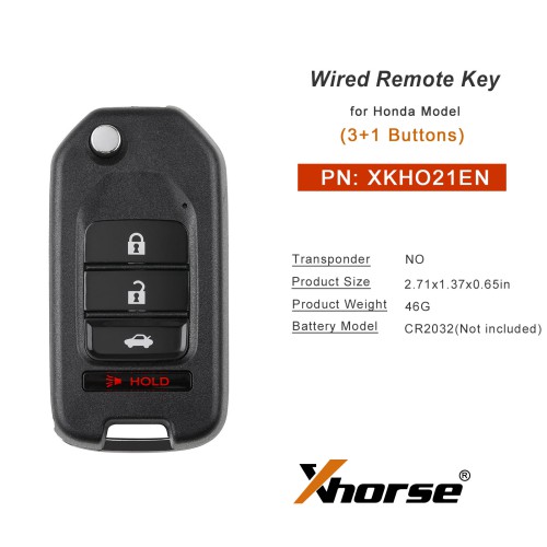 Xhorse XKHO01EN 2nd Generation Wire Remote Key Fob 2+1 Button for Honda Type 5pcs/lot