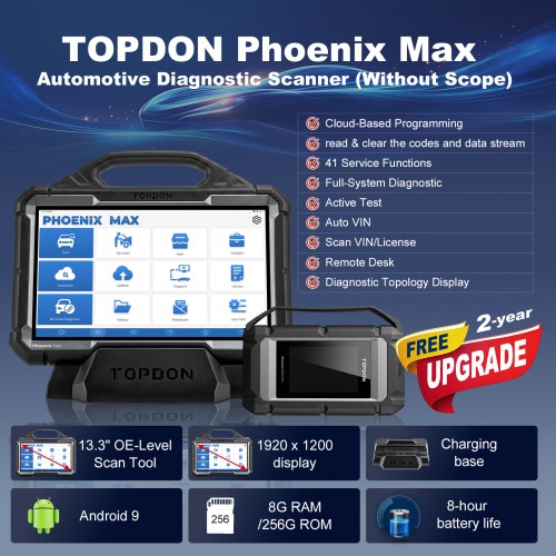 Topdon Phoenix Max Diagnostic Scanner 13.3 inch without Scope Supports Cloud-Based Programming, ECU Coding, Topology, ADAS, Heavy-Duty HD Module