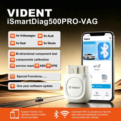 VIDENT iSmartDiag500PRO-VAG Supports Android & iOS, Bluetooth, Basic& Advanced Diagnostics, For Volkawagen, For Audi, For Seat, For Skoda Vehicles
