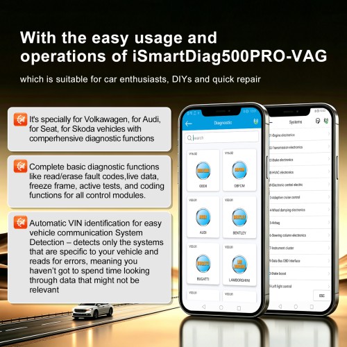 VIDENT iSmartDiag500PRO-VAG Supports Android & iOS, Bluetooth, Basic& Advanced Diagnostics, For Volkawagen, For Audi, For Seat, For Skoda Vehicles