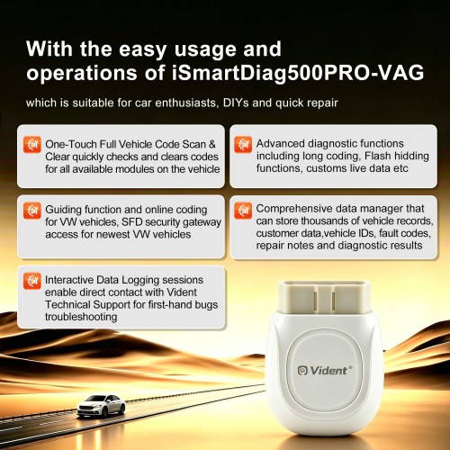 VIDENT iSmartDiag500PRO-VAG Supports Android & iOS, Bluetooth, Basic& Advanced Diagnostics, For Volkawagen, For Audi, For Seat, For Skoda Vehicles