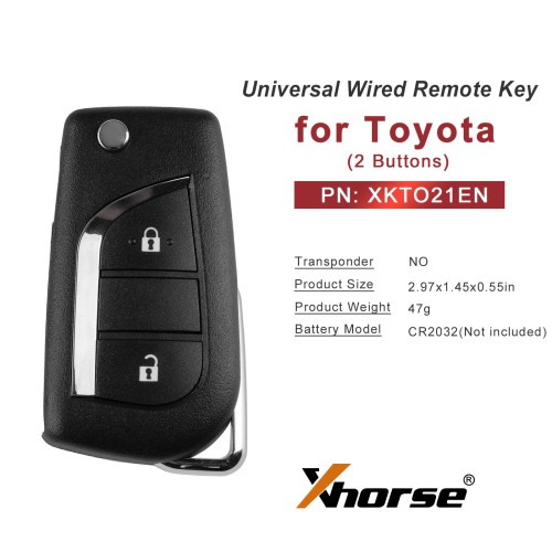 XHORSE	XKTO21EN for Toyota 2 Buttons Second Generation Universal Wired Remote Key 5pcs/lot