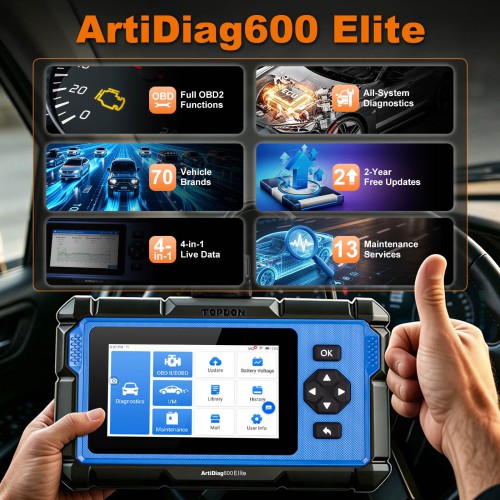 [EU Ship] TOPDON ArtiDiag600 Elite Supports Full OBD2 Functions, All-System Diagnostics, CAN-FD, for Renault SGW, for FCA SGW, 2 Years Update