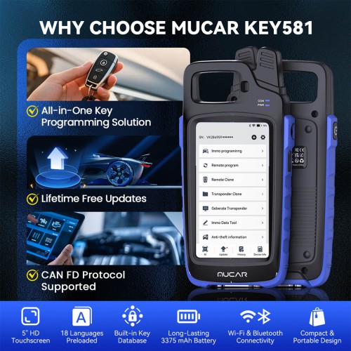 THINKCAR MUCAR KEY581 Key Programmer and Full OBD2 Diagnostics 9 Maintenance Functions Battery & Electrical Test CAN FD