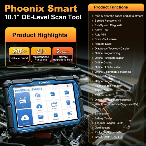 TOPDON Phoenix Smart 10.1 Inch OE-Level Scan Tool, Cloud-Based Programming, Supports J2534, DoIP, CAN FD, 41 Service Functions