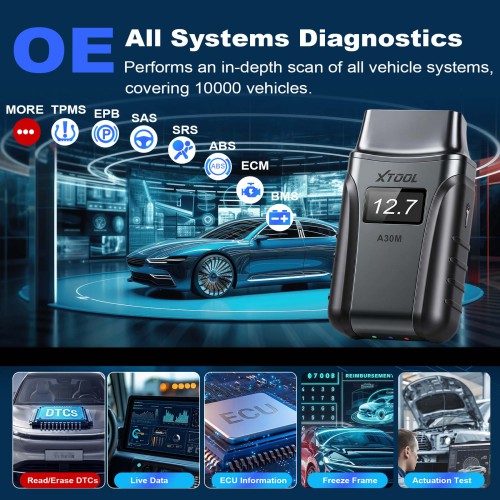 XTOOL A30M V2.0 Kit Bluetooth Full System Diagnostic Tool Bidirectional Scanner With Extension Cable and Carrying Case