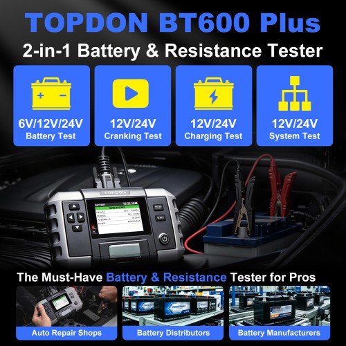 Topdon BT600 Battery Tester & Built-in Printer for 12V Battery & 12V/24V Systems