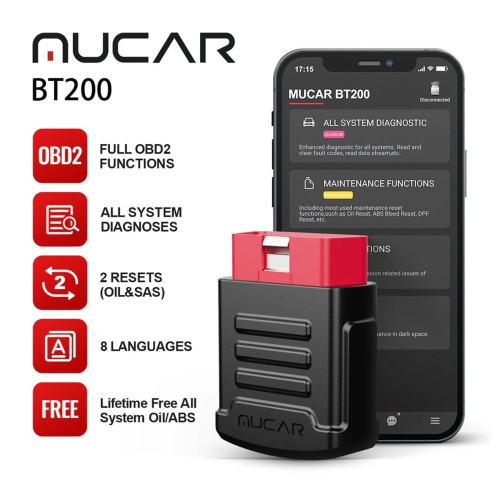 THINKCAR MUCAR BT200 OBD2 Scanner Supports 2 Reset Services, Full OBD2 Functions, IOS/Android Bluetooth, 12 Languages