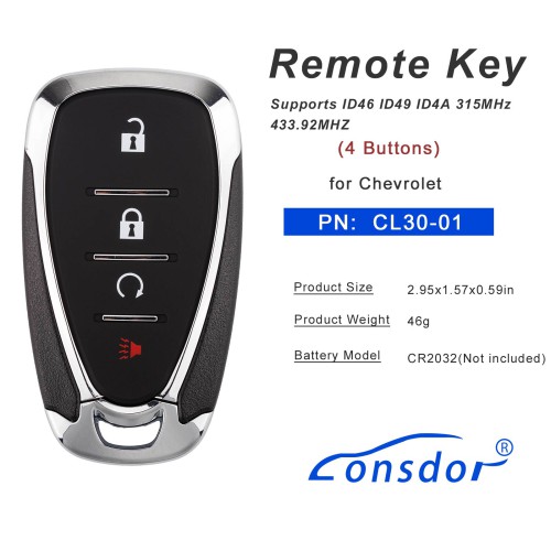 LONSDOR CL30-01/CL30-02/CL30-03 Remote Key 3 Buttons/4 Buttons/5 Buttons Supports ID46 ID49 ID4A 315MHz 433.92MHz for Chevrolet