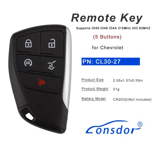 LONSDOR CL30-27 Remote Key 5 Buttons Supports ID46 ID49 ID4A 315MHz 433.92MHZ for Chevrolet