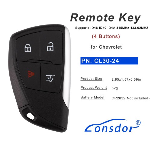 LONSDOR CL30-24 Remote Key 4 Buttons Supports ID46 ID49 ID4A 315MHz 433.92MHZ for Chevrolet