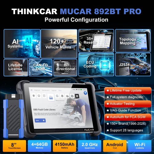 THINKCAR MUCAR 892BT PRO Bluetooth Diagnostic Scanner with AI Function, ECU Coding, Supports CANFD & DOIP & J2534, 35 Reset Functions,Topology Mapping
