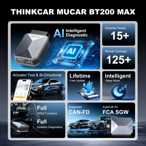 THINKCAR MUCAR BT200 MAX AI-Powered Diagnostics Scanner Supports Full OBD2 Functions, 15+ Reset Services, CAN-FD & FCA