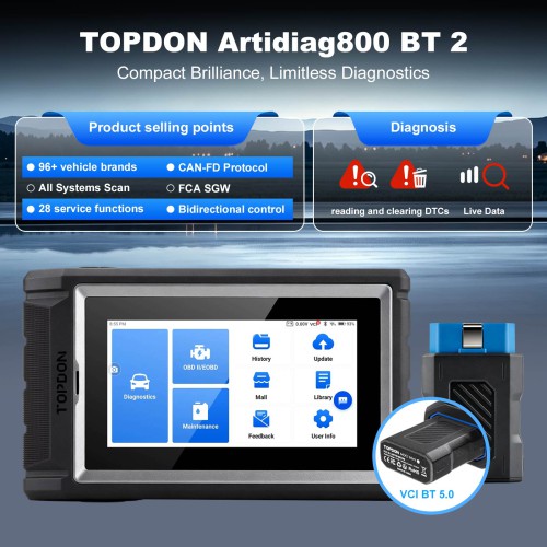 [Lifetime Free Update] TOPDON ArtiDiag 800BT Full Systems Diagnoses, 28+ Reset Services AutoVIN/ABS Bleeding/IMMO/SAS/BMS/EPB/TPMS/Oil Reset