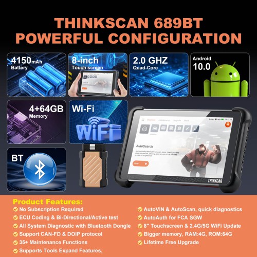 THINKCAR THINKSCAN 689BT Support CAN-FD & DoIP, OE-Level Full System Diagnostic, 35+ Maintenance Functions Lifetime Free Update