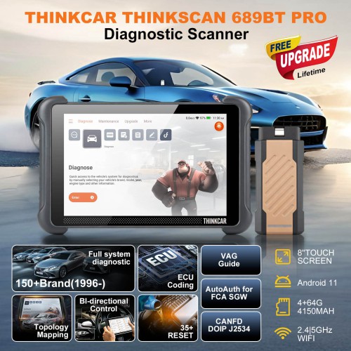 THINKCAR THINKSCAN 689BT PRO Bluetooth Diagnostic Scanner with AI Function, Supports CANFD & DOIP & J2534, 35 Resets,Topology Mapping, ECU Coding