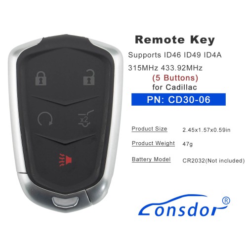 LONSDOR CD30-06 Remote Key 5 Buttons Supports ID46 ID49 ID4A 315MHz 433.92MHz for Cadillac