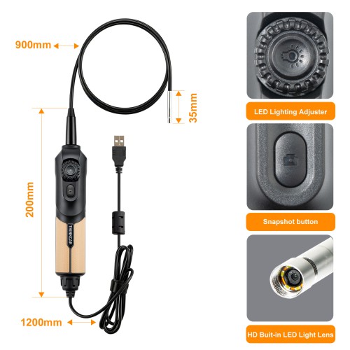 THINKCAR USB Endoscope TES102 with 5.5mm IP67 Tip & 6-Adjustable LED Lights 1280*720 Definition, Works with THINKSCAN 689BT/MUCAR 892BT/MUCAR VO8