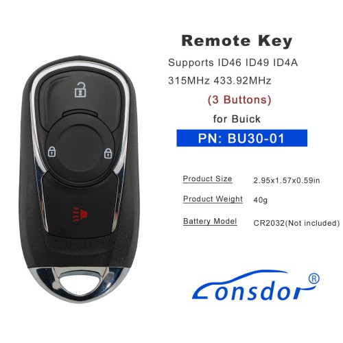 LONSDOR BU30-01 Remote Key 3 Buttons Supports ID46 ID49 ID4A 315MHz 433.92MHz for Buick