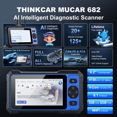 THINKCAR MUCAR 682 AI Intelligent Diagnostic Scanner, Supports CAN FD & FCA AutoAuth, 20+ Reset Functions