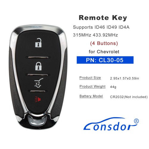 LONSDOR CL30-05 Remote Key 4 Buttons Supports ID46 ID49 ID4A 315MHz 433.92MHz for Chevrolet