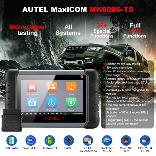 AUTEL MaxiCOM MK808S-TS Scanner, Bidirectional Tool with 36+ Service, All Systems Diagnoses, Top TPMS Relearn Programming Scanner, Bluetooth