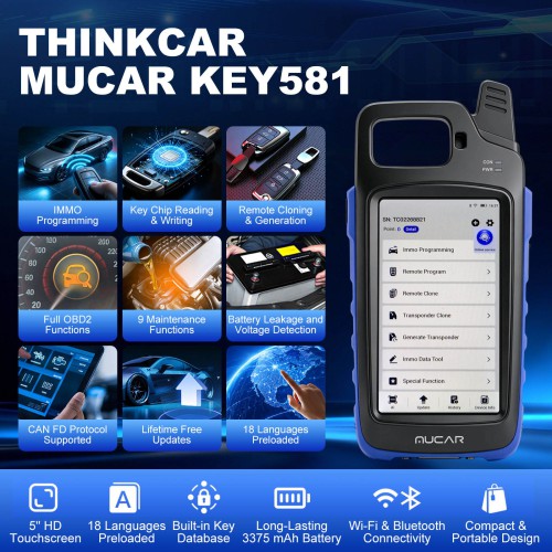 THINKCAR MUCAR KEY581 Key Programmer and Full OBD2 Diagnostics 9 Maintenance Functions Battery & Electrical Test CAN FD