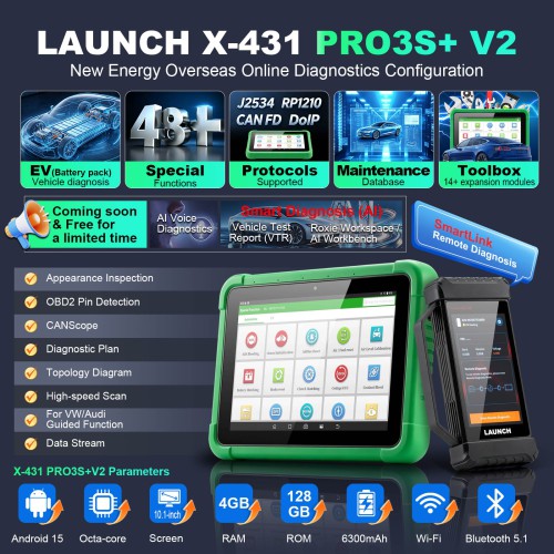 LAUNCH X-431 PRO3S+ V2 New Energy Overseas Online Diagnostics Configuration Supports AI Smart Diagnostics