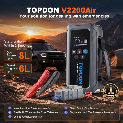 TOPDON V2200Air 2-in-1 2200 Peak Amp Jump Starter & Tire Inflator