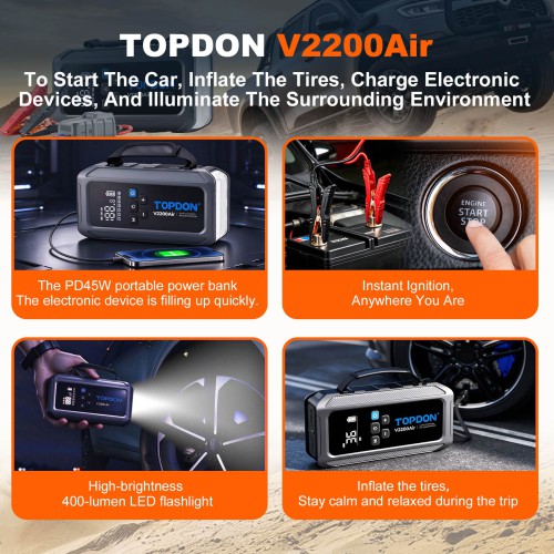 TOPDON V2200Air 2-in-1 2200 Peak Amp Jump Starter & Tire Inflator