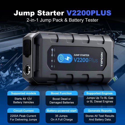 TOPDON Jump Starter V2200PLUS 2-in-1 Jump Pack & Battery Tester Offer 35 Jumps on A Full Charge