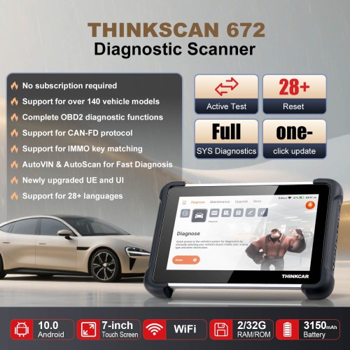 THINKSCAN 672 Diagnostic Scanner Supports CAN-FD Protocol IMMO Key Matching 28+ Reset Functions, Lifetime free update